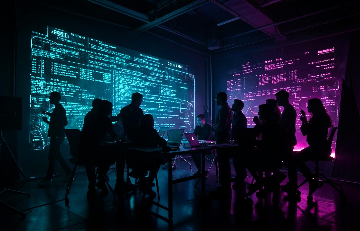 Engineering team working in front of a large holographic data wall