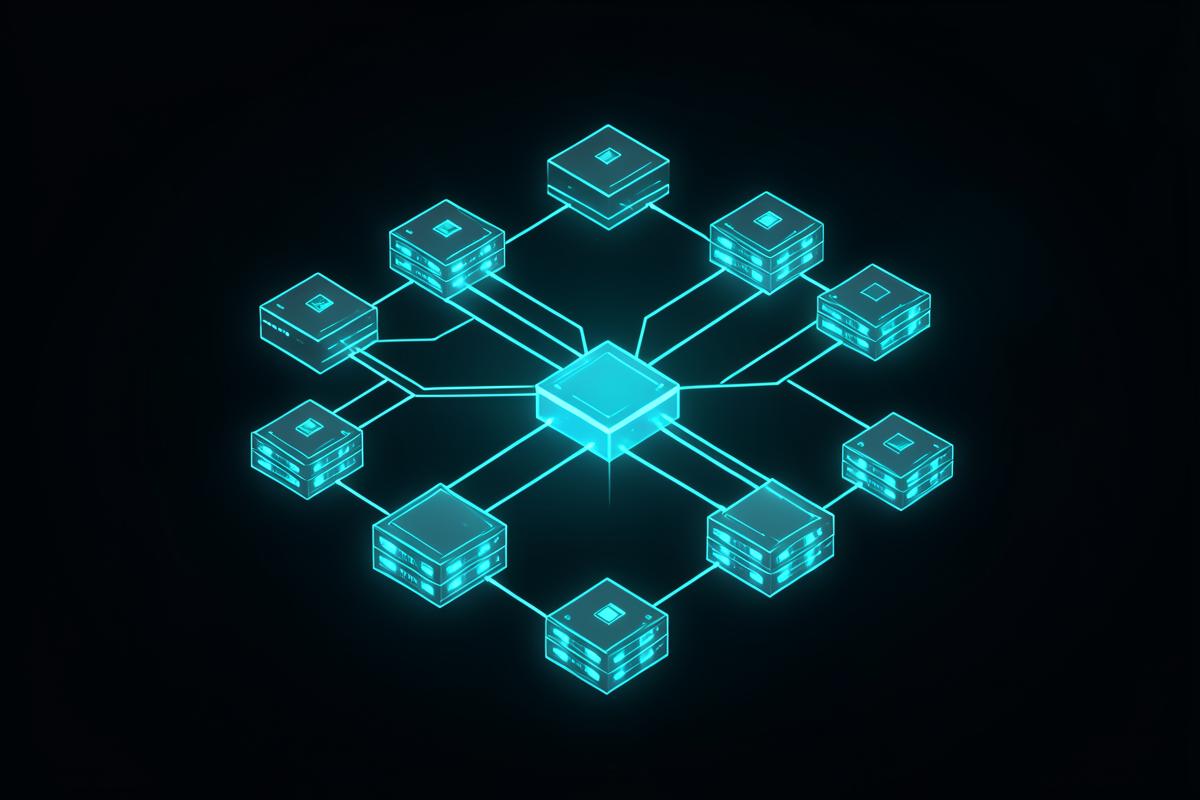 Isometric neon diagram of connected cloud server nodes