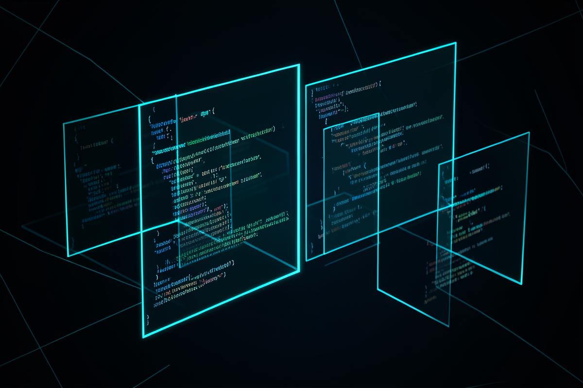 Floating holographic code panels illustrating software engineering