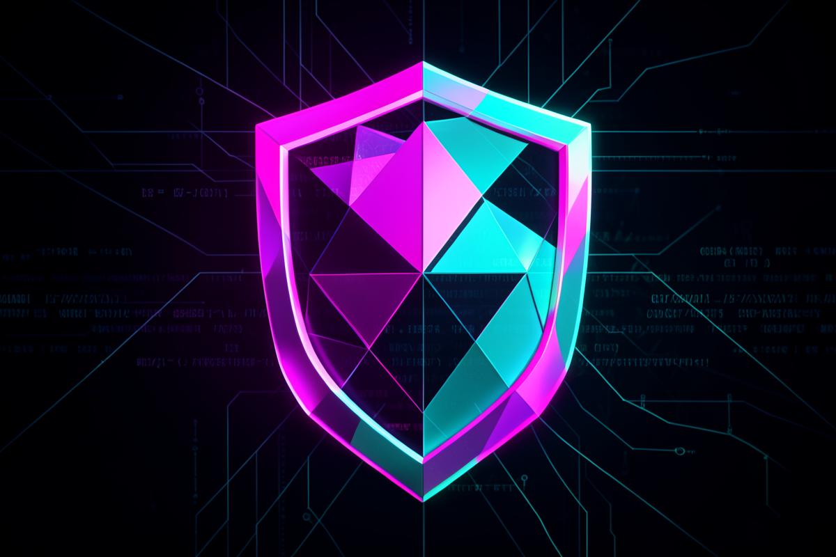 Neon polygonal shield representing cybersecurity engineering